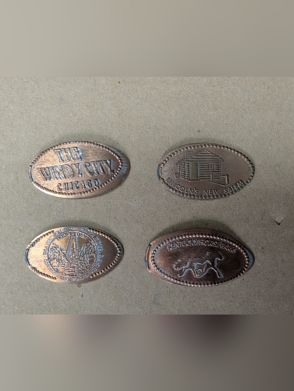 Set of 4 Smashed Pennies - Lincoln's New Salem, Windy City, Hoover Dam, KY Horse
